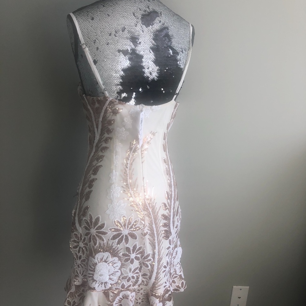 Short ( not mini) gold and white sequin dress.